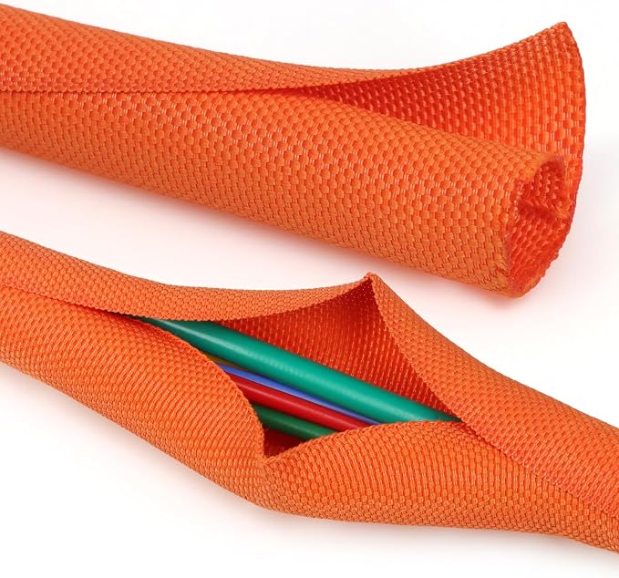 Split Braided Cable Sleeve，Flexible Wire Loom Tubing, Automotive Cord Protector Pet Proof, Cable Management for Computer TV Electric Wires Harness 16ft (Orange, 10mm（3/8")