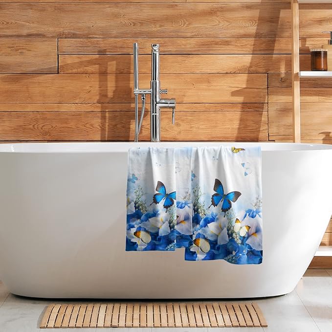 Giwawa Blue Butterfly Hand Towels Spring Flowers Kitchen Dish Towels Set of 2 Soft Absorbent Fingertip Towel for Bathroom Spa Gym Hotel