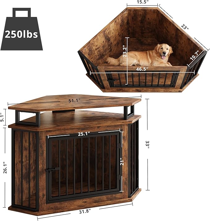 IRONCK 51" Large Corner Dog Crate Furniture with 2-Tier Storage Shelves | 10mm thickened iron frame. 2-tier shelves and 200 lb top. Space-saving design. 26.7" L x 51.2" W x 33.5" H. Rustic Brown