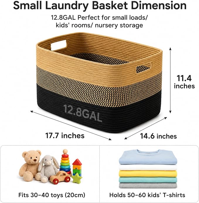 12.8GAL Kids Stuffed Animal Toy Storage Organizer, Cute Mini Nursery Laundry Basket for Baby Girls Boys Dirty Clothes, Picture Books, Small Cotton Rope Wicker Hamper for Bathroom Towels Khaki Black