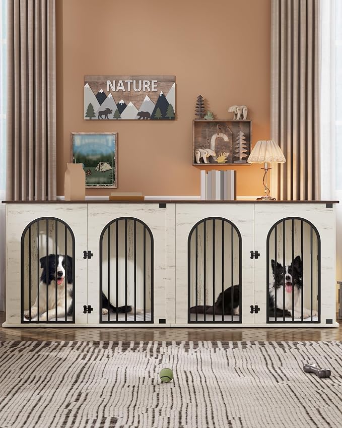 Hzuaneri 86.6" Double Dog Crate Furniture, Dog Kennel Indoor with Cushion | Heavy Duty Dog Crate Furniture for 2 Dogs,Dog Cage End Table TV Stand with Divider for Med-Large Dogs,White Brown DFC84014BV1