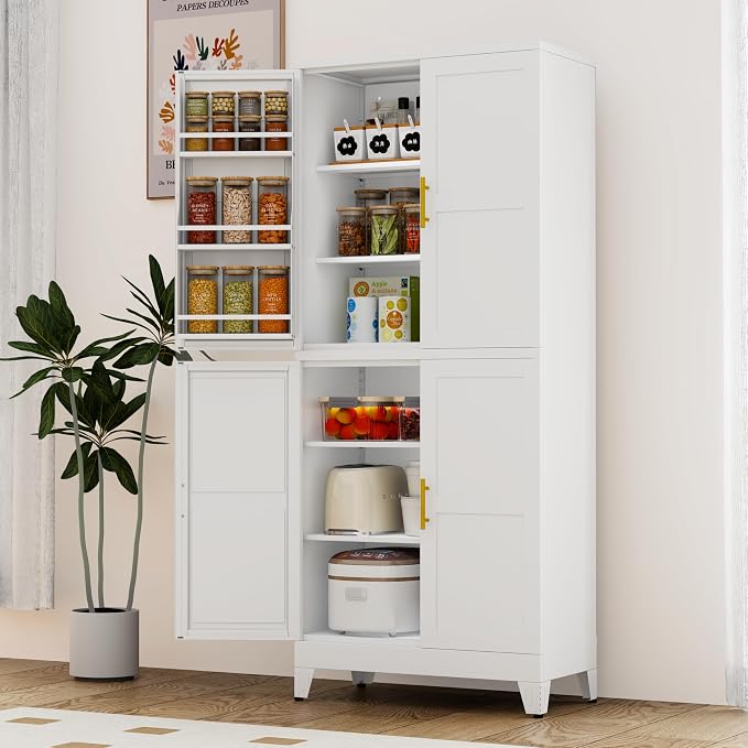 GAIOUS 74.8" Tall Metal Food Cabinet, White Kitchen Pantry Cabinet | Storage Cabinets with 4 Door and 4 Adjustable Shelves, Steel Freestanding Cupboard for Kitchen Dining Living Room Bathroom