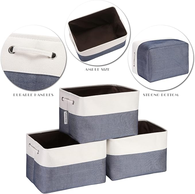 Sea Team Large Rectangle Canvas Open-Top Storage Baskets, 3-Pack | Collapsible Fabric Storage Bins with Handles, Closet Shelf Organizers, 15 x 10 x 10 Inches, Denim & White