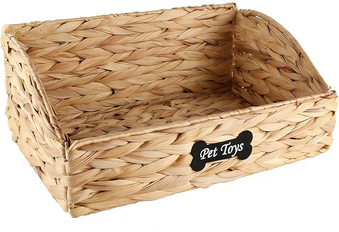 Trapezoid Pet Dog Toy Basket,Collapsible Dog Toy Bin,Wicker Basket for Dog Cat Toys,Pet Toy Box,Dog Storage Organizer for Leash Blanket Toys Snacks-Natural Farmhouse Water Hyacinth