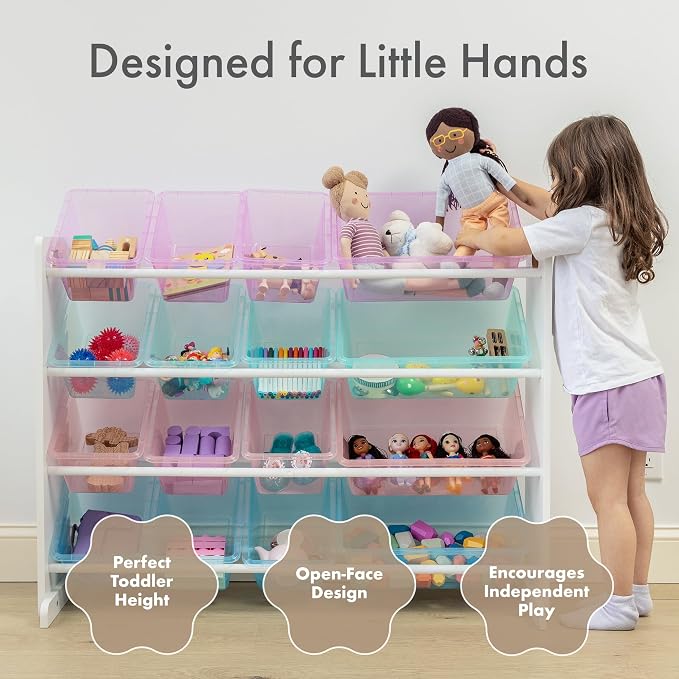Humble Crew Kids Toy Organizer with 16 Bins, 4 Tier Storage for Playroom | Sturdy wood and steel toddler shelf, removable BPA-free containers, wall anchor anti-tip safety kit for bedroom or classroom