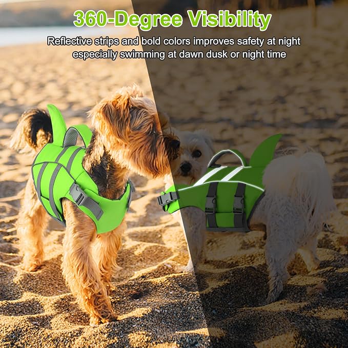 Dogcheer Shark Dog Life Jacket, High Flotation Dog Life Vest - Green,L | Adjustable Puppy Harness Swim Vest for Small Medium Large Dogs, Lifejackets with Handle for Swimming, Boating, Lake & Pool