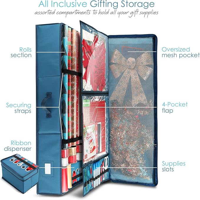 Hearth & Harbor Wrapping Paper Storage Container - Christmas Storage Bag with Ribbon Dispenser and Interior Pockets - Gift Wrap Organizer Fits Up to 26 Rolls of 40" Length, Blue