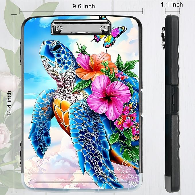 A4 Clipboard with Storage Pen Holder, Clipboards Organizer Nursing Clipboard Foldable File Folder Plastic Clipboard Folio Clip Board for Office Work Classroom Doctor, Turtle Pink Flower