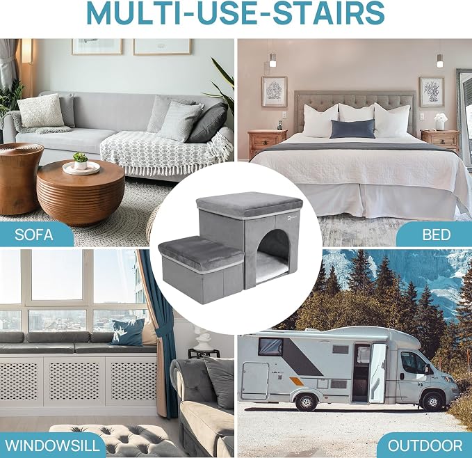 Foldable Pet Stairs with Cozy House & Storage | 2-Step Dog Stairs for High Beds and Couch, Non-Slip Dog Steps for Small & Medium Dogs, Cats, Puppies, Grey