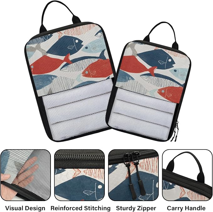 TropicalLife Cute Boho Fish 6 Set Compression Packing Cubes | Compressible Expandable Luggage Suitcase Organizer Bags Space Saver Bags for Carry on