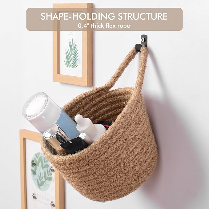 Fabric Wall Hanging Baskets - 3Pack Woven Pouchs Boho Style Wall Mounted Bag with Adhesive Hooks, Storage Organizers and Decoration Pocket Caddy Bins on Door Rack (Linen & Black, Large) | Wall Small Bags with Adhesive Hooks, Linen Rope, Boho Decorative...