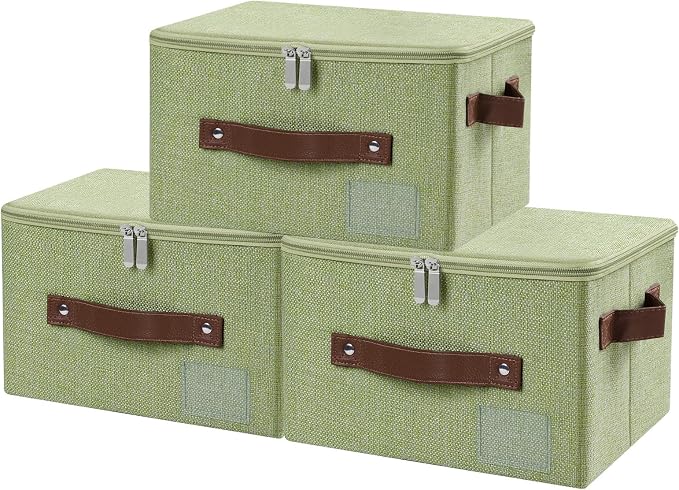 ANMINY Small Storage Box Fabric Bins with Zipper Lid, 10"x8"x7" Green 3PCS | Keepsake Box, Decorative, Cotton Linen, Reinforced PP Board Frame, Washable, Stackable & Foldable, Label Holder & PU Handles
