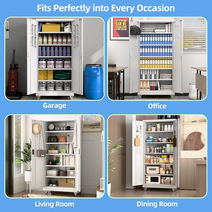Upgraded Garage Storage Cabinets with Wheels,Metal Storage Cabinets with 5 Adjustable Shelves for Garage Home Office Storage,White,71''H*34''W*18''D,Assembly Required