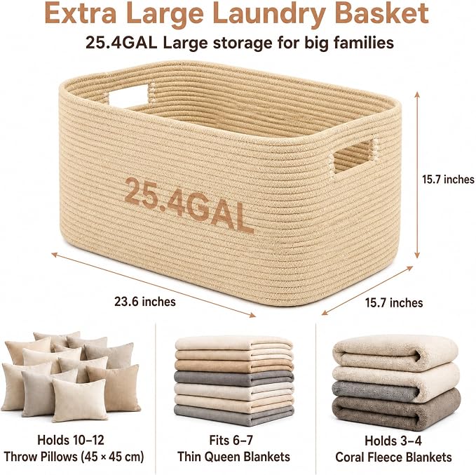 25.4GAL Collapsible Cotton Rope Extra Large Storage Basket For Bedroom Closet, Boho Rectangular Short Hamper Woven Storage Baskets for Living Room Throw Pillows Blankets Dirty Clothes, Oatmeal