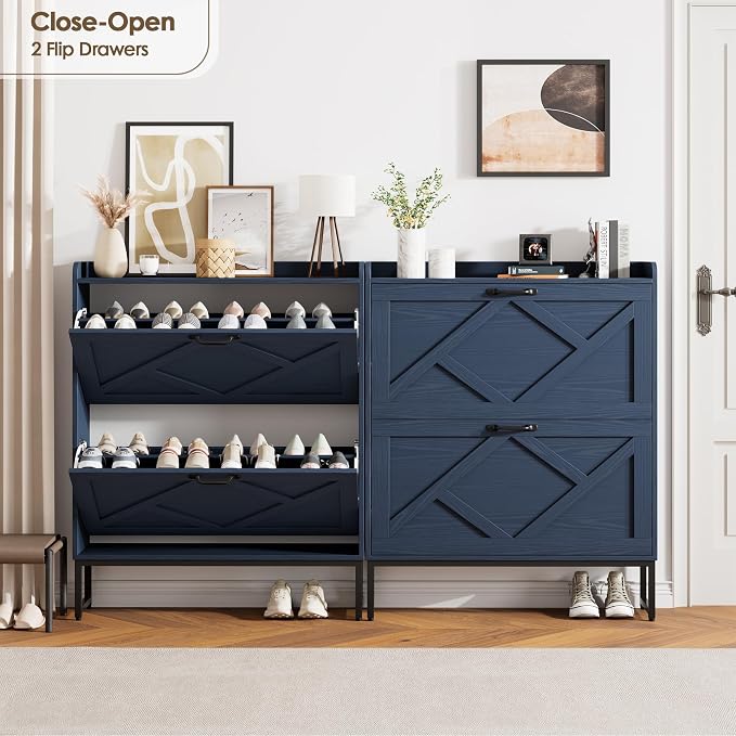 Shoe Storage Cabinet, Shoe Cabinet with 2 Flip Drawers, Narrow Shoe Rack Cabinet, Farmhouse Slim Shoe Cabinet Storage for Entryway,Blue