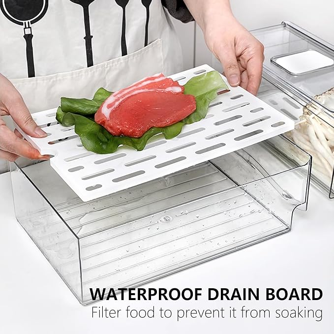 Fridge Organizers and Storage, BPA-Free Large Capacity Stackable Clear Fridge Organizer, With Strainer Layer Keep Fruits, Vegetables and Meat Fresh in refrigerator, freezer, Food Storage ( 2 Drawers)