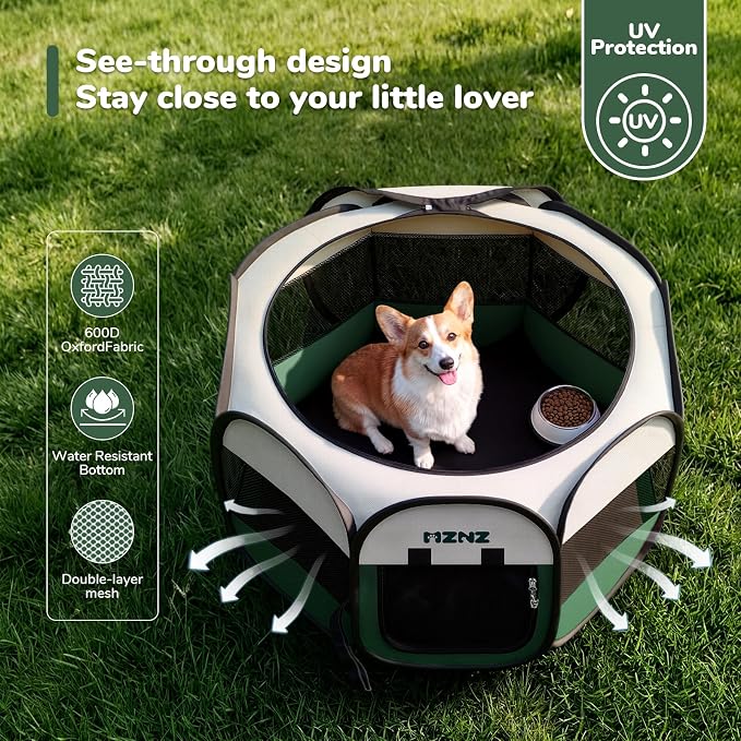 Dog Cat Small Animal Puppy Playpen Crate, Medium, Dark Green | Portable Pop Up Pet Cage Enclosure Tent Kennel Indoor Outdoor with Carrying Case, No Assembly, Camping Use