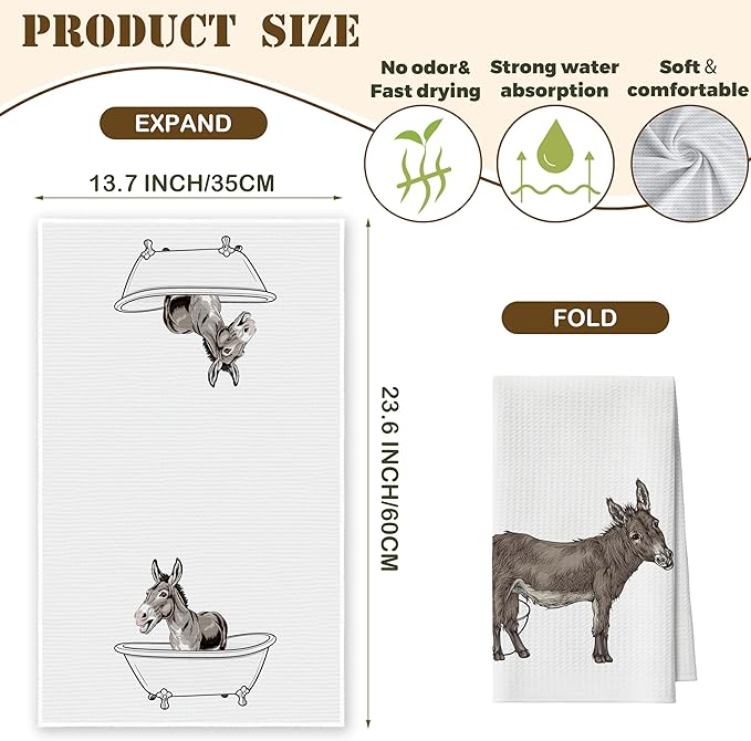 Bath Towels Set of 2, Cute Funny Donkey Dish Towel for Bathroom Spa Kitchen, Bathing Donkey Decorative Hand Towels, Fast Drying Tea Towel, Farmhouse Housewarming Xmas Gifts for Women Mom -B26