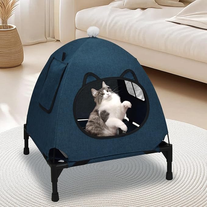 Pozico Elevated Pet Bed with Breathable Mesh for Small Cat and Dog, Raised Cooling Pet Cot for Puppy and Kitty, 18.9x18.9 inch (Navy Blue Bed with Canopy)