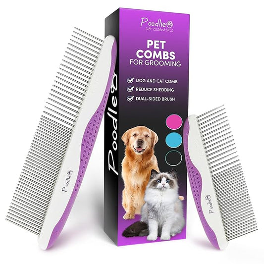 Poodle Pet Dog Combs for Grooming | 2 Pack | Stainless Steel Teeth Easily Remove Dirt | Proper Care Prevents Knots and Mats for Long and Short Haired Pets | Anti-Slip Comfort Grip Handle (Purple)
