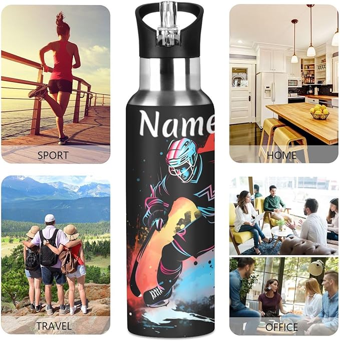 Custom Name Hockey Player Water Bottle with Straw Lid Kids Insulated Stainless Steel Water Flask Sports, 20 Oz Hot Cold