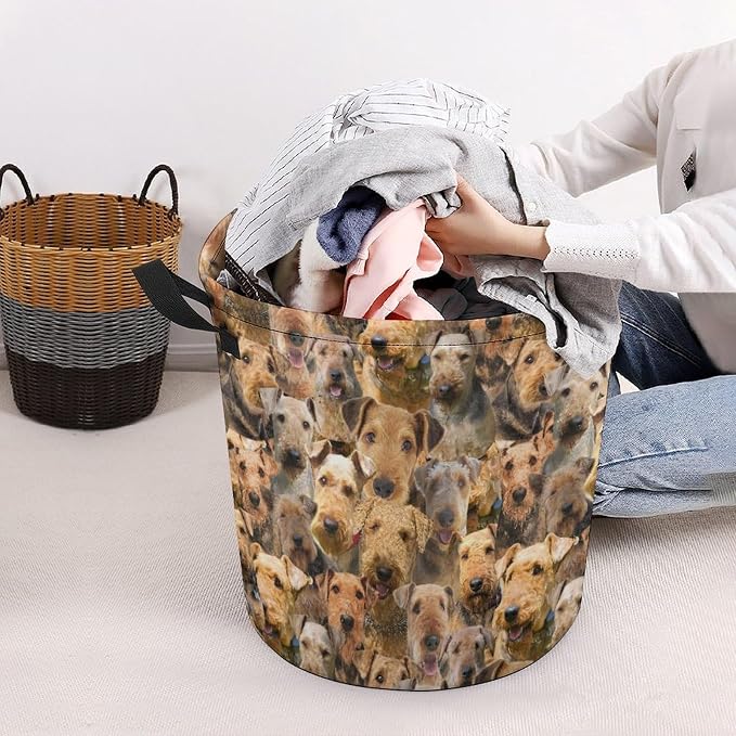 Airedale Dog Print Laundry Basket, Funny Airedale Dog Face Laundry Hamper, Foldable Waterproof Oxford Cloth Tote Bag Dirty Clothes Storage Bucket Organizer for Bathroom Bedroom