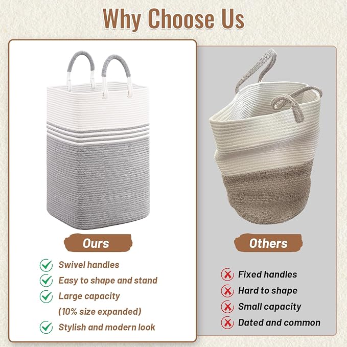 Laundry Basket Hamper,Blanket Storage,Dirty Clothes Hamper with Swivel Handles,Woven Cotton Rope Toy Baskets,Blanket Basket Living Room,Decorative Hampers for Nursery,Bedroom,White & Gray,100L