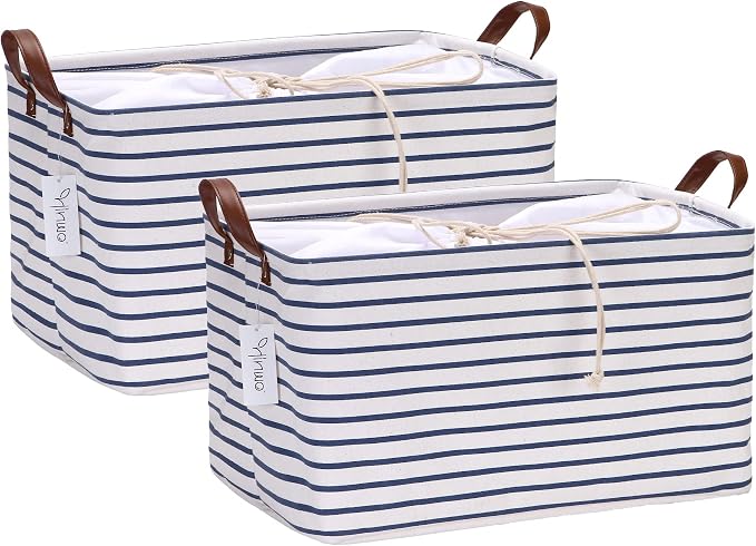 Hinwo 31L Large Canvas Storage Bin with Lid and Handles, 2-Pack | Collapsible Fabric Baskets, Closet Shelf Organizers, Containers for Clothing, Blankets, Toys, Bedding (Navy Stripe)