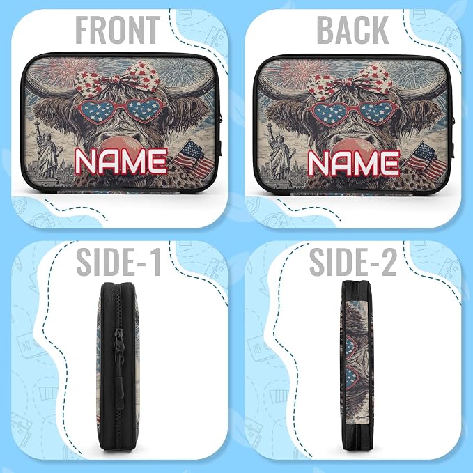 Custom Electronics Organizer Patriotic Highland Cow Travel Cable Pouch Large Tech Accessories Case Waterproof Cord Storage Bag for Power Bank Charger Phone Earphone