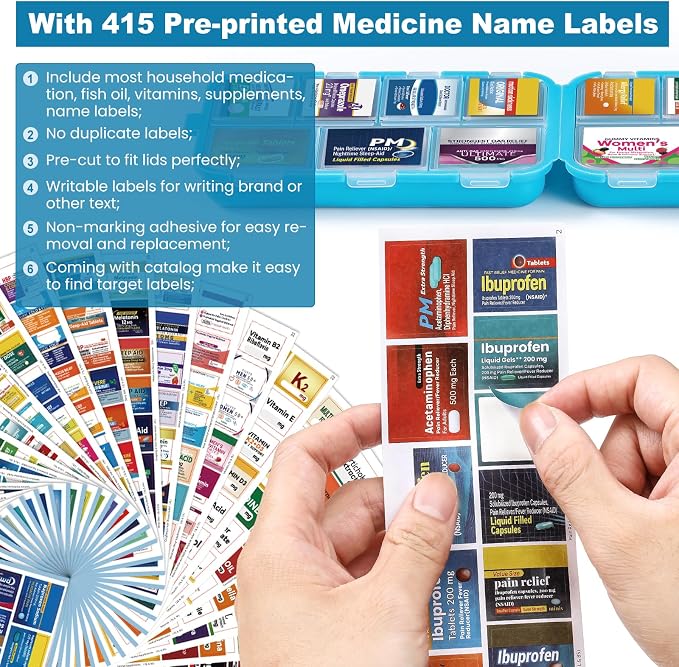 14 Grids Travel Pill Organizer Box with 415-Pcs Medicine Name Labels - Pocket Daily Pharmacy Case Container Kit - Travel Medication Holder Dispenser for Fish Oil Vitamin Supplement Storage - Blue