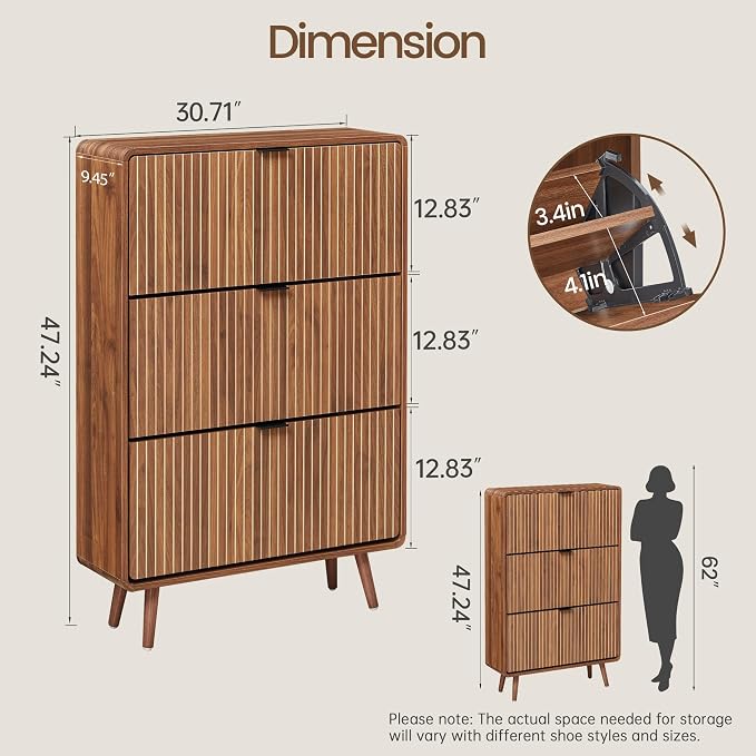 FurSch Fluted Shoe Storage Cabinet with 3 Flip Drawers, Narrow Shoe Rack Cabinet Organizer with Adjustable & Removable Shelves for Entryway (All Walnut, 3 Drawers)