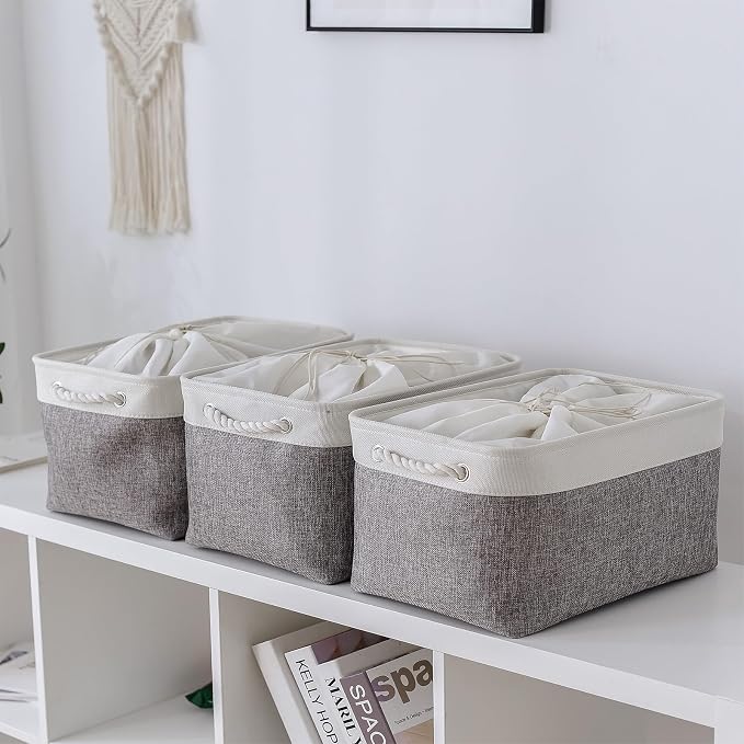 Storage Baskets for Organizing, X Large - 3 Pack 17.7L×13.8W×9.8H in Foldable Storage Bins for Shelves, Fabric Storage Box for Closet Nursery Toy Gift (White & Grey)