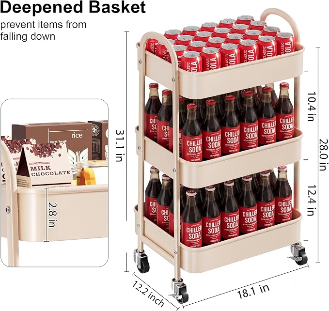 Beige 3 Tier Rolling Cart Metal on Wheels, Three Tiered Storage Organizer Utility Trolley with Wheels for Art, Craft, Baby Diaper Caddy, Snack, Book, Nail, Lash, Cleaning Supplies, Kitchen, Bathroom