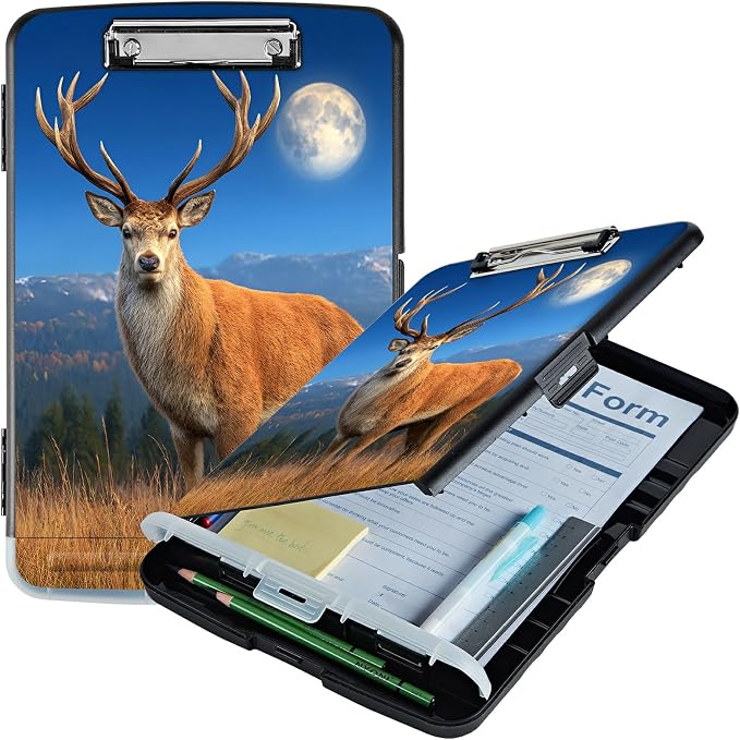 A4 Clipboard with Storage Pen Holder, Clipboards Organizer Nursing Clipboard Foldable File Folder Plastic Clipboard Folio Clip Board for Office Work Classroom Doctor, Grassland Deer