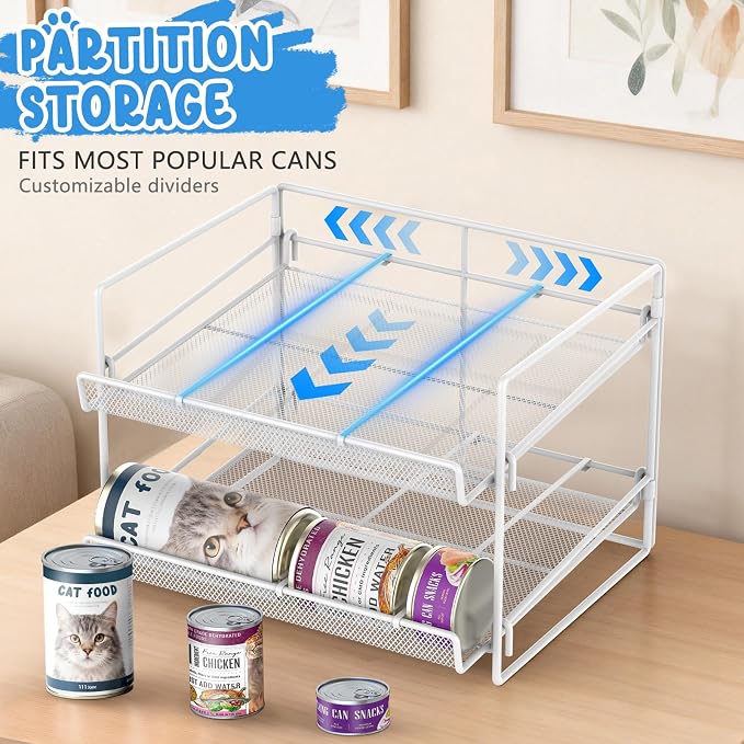 Cat Food Can Organizer 2-Tier Can Organizer for Pantry 56 Cans 3.5oz | White metal 2-tier cat food can organizer,Holds 56 cans 3.5oz,Adjustable pantry countertop storage for kitchen counter