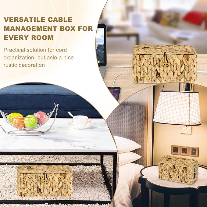 BTSKY Woven Cable Management Box with Lid Water Hyacinth Cord Organizer, S | Cable Organizer Box with 2-Open Slots to Hide Power Strips USB Hubs for Desk, Home & Office, Pet Proofing Cord Basket