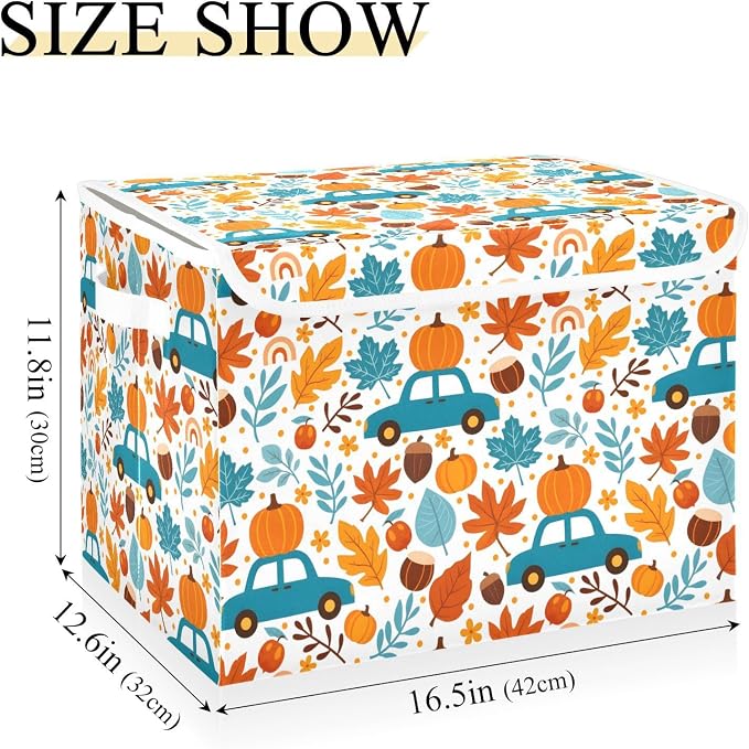 senya Thanksgiving Storage Baskets Collapsible Storage Bins with Lids, Thanksgiving Fall Maple Leaves Truck Pumpkins Storage Boxes Clothes Baskets for Organizing