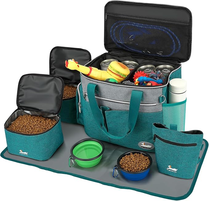 Dog Travel Bag for Pet Kit for Supplies with 2 Food Storage Containers 2 Collapsible Bowls 1 Feeding Mat 1 Dog Treat Pouch 7-Piece Set Perfect Road Trips Camping Weekend (Teal)