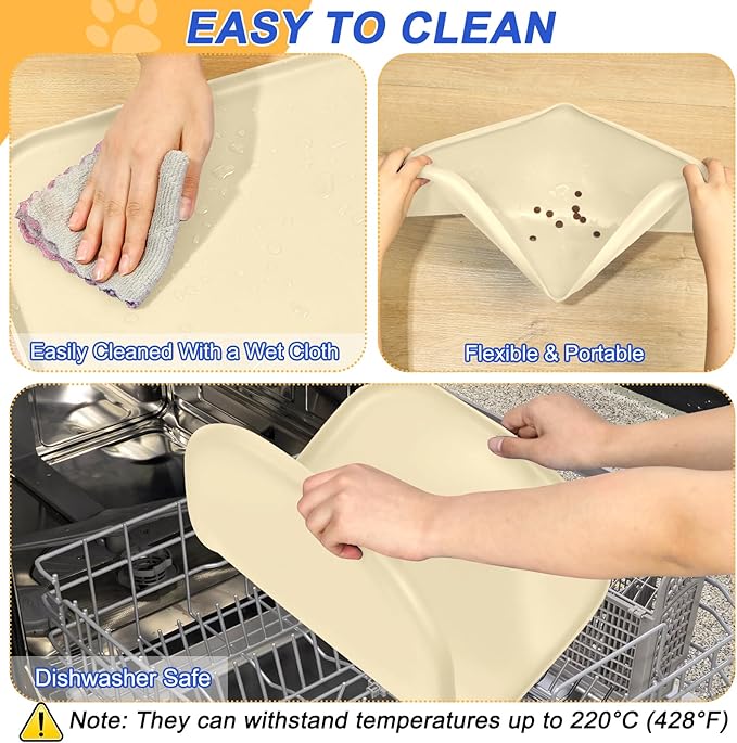 Silicone Pet Feeding Mat with Raised Edge for Food and Water, Dog Bowl Mats, Cat Bowls Placemat with High Lip for Floor Waterproof, Rubber Tray for Cats and Dogs 19 x 12 x 0.7 White Sand (Yellow Cast)