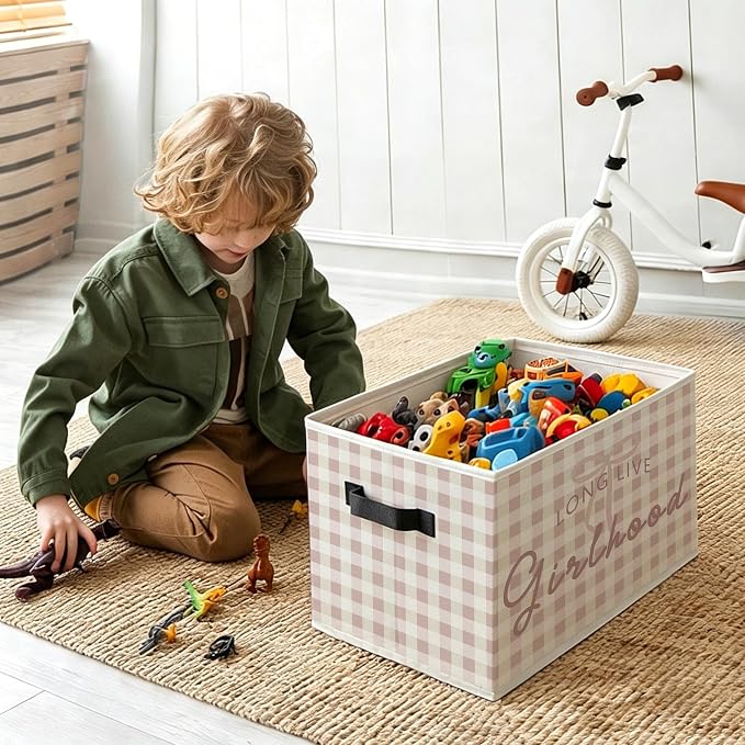 Girl Nursery Foldable Storage Bins Box with Handles, Long Live Girlhood Preppy Pink Gingham Decorative Storage Boxes Baskets Toybox Organizer for Kids Girl Nursery Room Bedroom Playroom