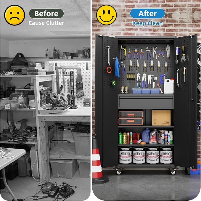 71" Rolling Metal Storage Cabinet with Lock & Pegboards, Black | 71" metal storage cabinet with 4 lockable wheels, 4 adjustable shelves, 1 drawer, and pegboards.