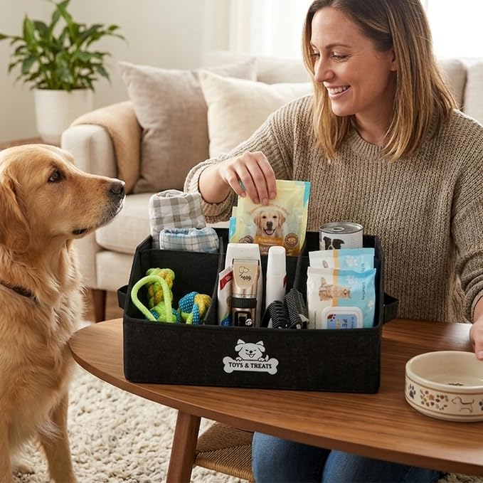 Dog Treat Container with Removable Dividers, Dog Treat Storage and Organizer for Countertop, Collapsible Pet Treats Containers, Dog Toy Basket for Pet Supplies and Treats (Dark Grey)