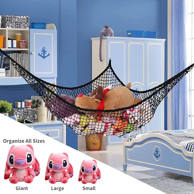 Stuffed Animal Hammock, Toy Hammock Storage Net, LXUNYI Mesh Toy Net Holder Jumbo Wall Corner Giant Baby Kids Children Stuff animals Hammocks Net Organizer for Bedroom (Black, 84 inch)