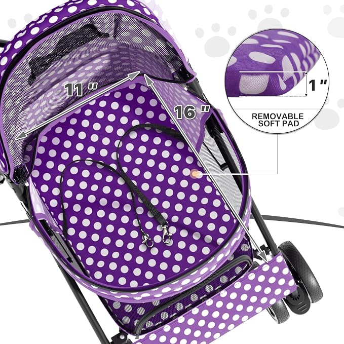 MoNiBloom Pet Stroller for Small/Medium Dogs and Cats, Purple Polka Dots | Foladble 4 Wheels Easy-Fold Puppy Cage Jogger Stroller with Sun Cover, Pad and Rear Storage Bag, Breathable and Visible Mesh