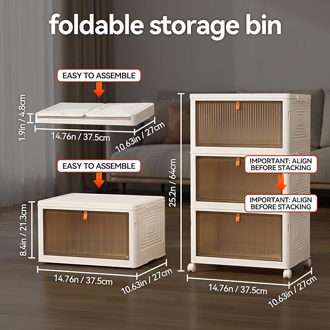 LDQ Storage Bins with Lids, 3 Tier 69QT Stackable Storage Cabinet, Foldable Closet Organizer with Doors & Wheels, Plastic Storage Drawers for Bedroom, Living Room, Bathroom