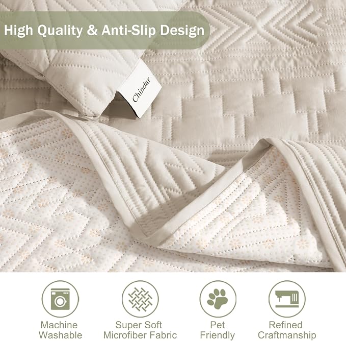 Soft Boho Quilted Couch Cover with Pockets for Extra-Large Sofa, Anti-Slip Boho Sofa Covers Washable for 3 Cushion Pet Friendly, Oversized Sofa Cover Water-Repellent (X-Large Sofa 78", Beige)