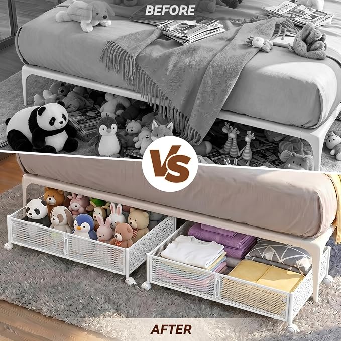 Under Bed Storage with Wheels,Patterned,Sturdy Metal,2 Pack,White | Tool-free assembly, glide smoothly, easy reach, foldable, maxmazie low-profile beds, dorm, keep seasonal clothes, shoes fresh