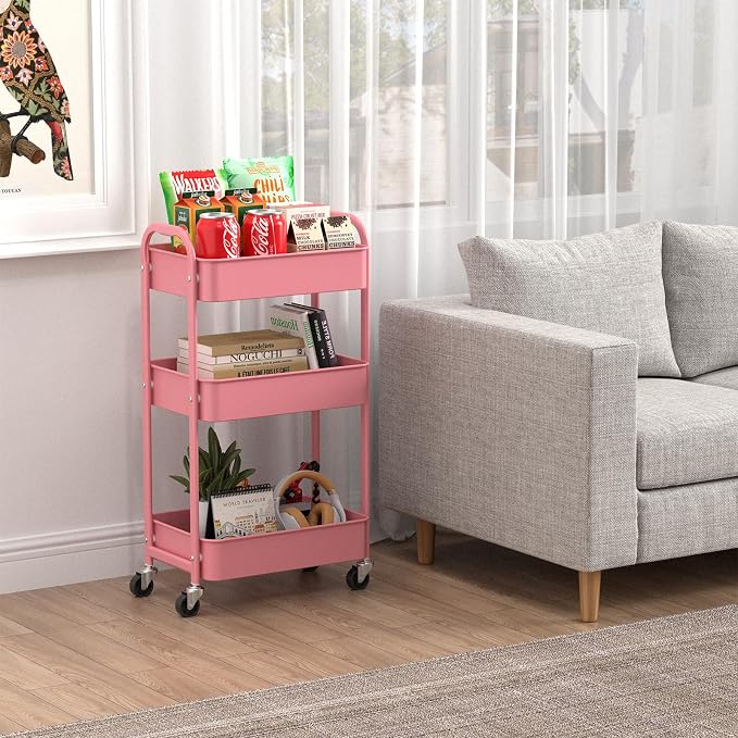 MAX Houser 3-Tier Rolling Utility Cart with Caster Wheels,Easy Assembly, for Kitchen, Bathroom (Pink) | Easy Assembly, multi-purpose storage trolley for kitchen, rolling cart with smooth caster wheels for bathroom