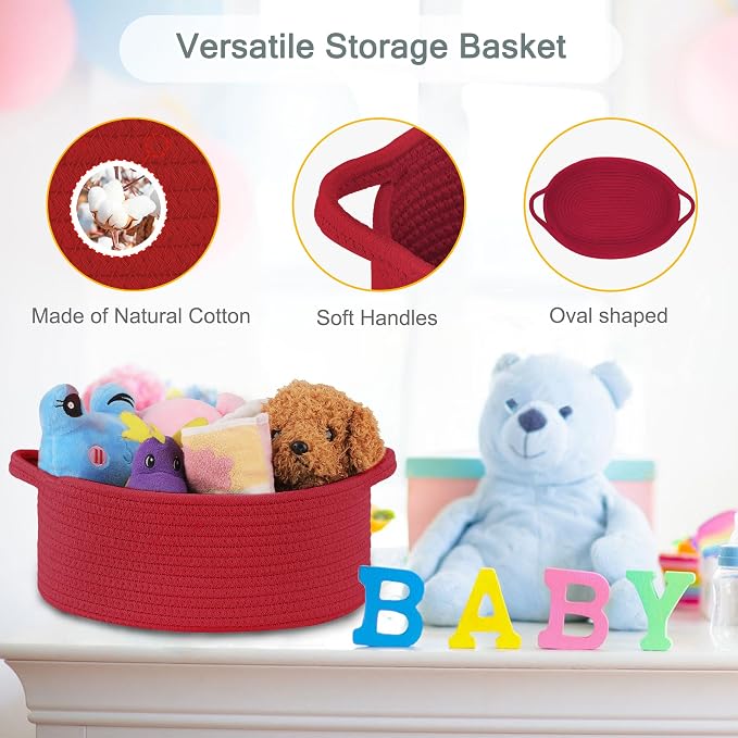 COMSE Empty Small Gift Basket with Bag & Ribbons, Red | Cotton Rope, 12"x 8"x 5", Baby Toy Organizer, Stores Small Items for Bedrooms, Nurseries, Bathrooms, Living Rooms, Offices