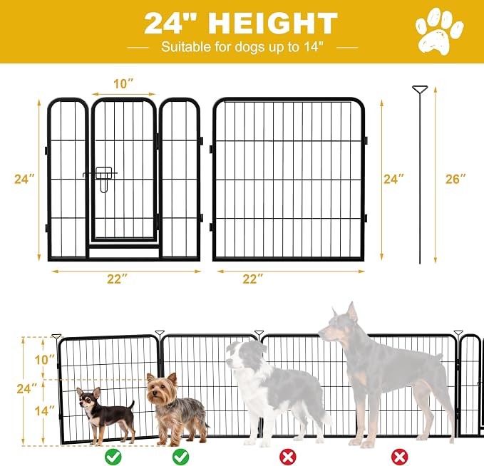 Heavy-Duty Iron Dog Playpen Outdoor Indoor,24 Inch 8 Panels Dog Play Pen | Dog Fences for RV Camping/Yard/Garden,Portable Dog Play Pen for Dogs,Puppies,Small Animals,Black Silver